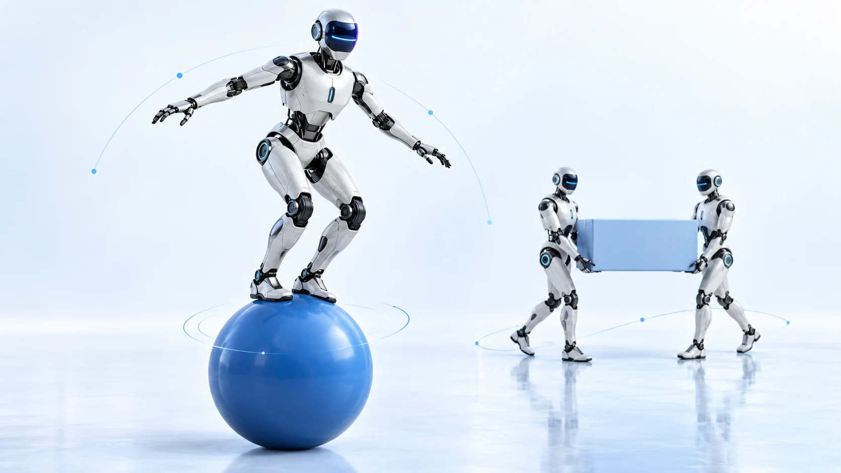 Labdán egyensúlyozó humanoid és együtt dolgozó robotok – az AGILE 2.0 ihlette szerkesztőségi illusztráció