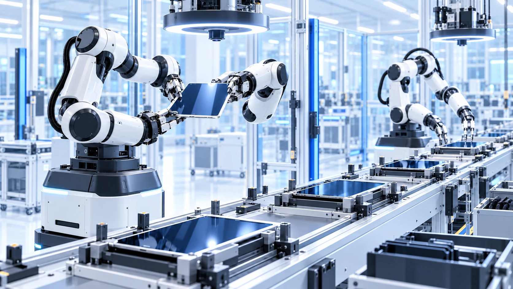 Robotok táblagépek gyártósori ellenőrzésénél – szerkesztőségi illusztráció